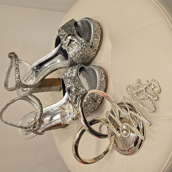 KATE Spade Glitter Miya Silver Cinderella 8 Sandals Heels Rhinestone Shoes NEW - Picture 11 of 13